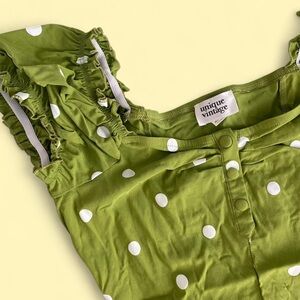 Unique Vintage Olive Green Polka Dot Ruffle Tank